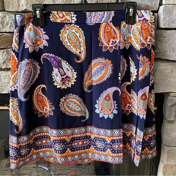 Tory Burch Etno Silk Paisley Printed Pleated Skirt Womens Size 4 Navy/Orange EUC - Picture 3 of 10